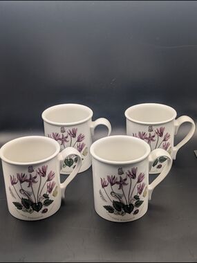 Portmeirion White Mug Set with Purple Cyclamen Floral Design - Set of 4